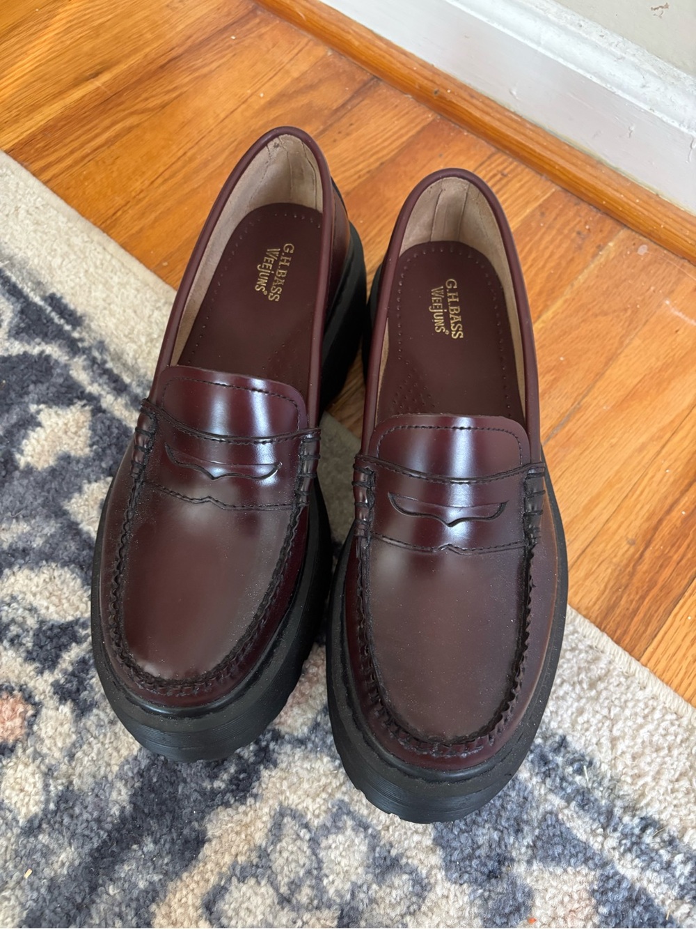 G.H. Bass & Co. Burgundy Leather Penny Loafers with Black Platform Sole